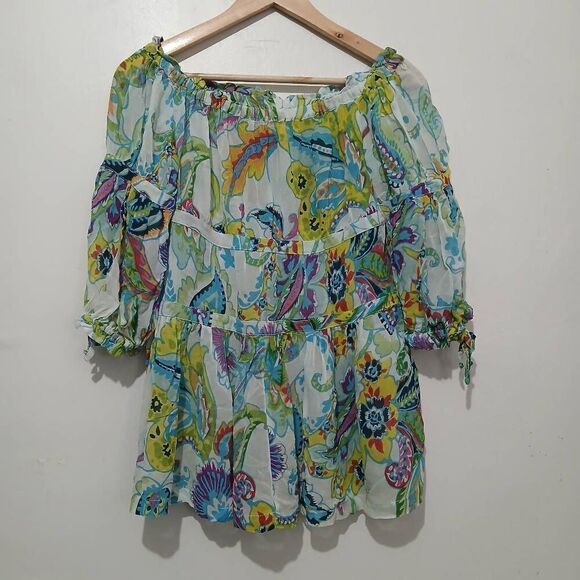 Maeve womens medium off shoulder green paisley 100% viscose silk top sheer - Picture 2 of 8